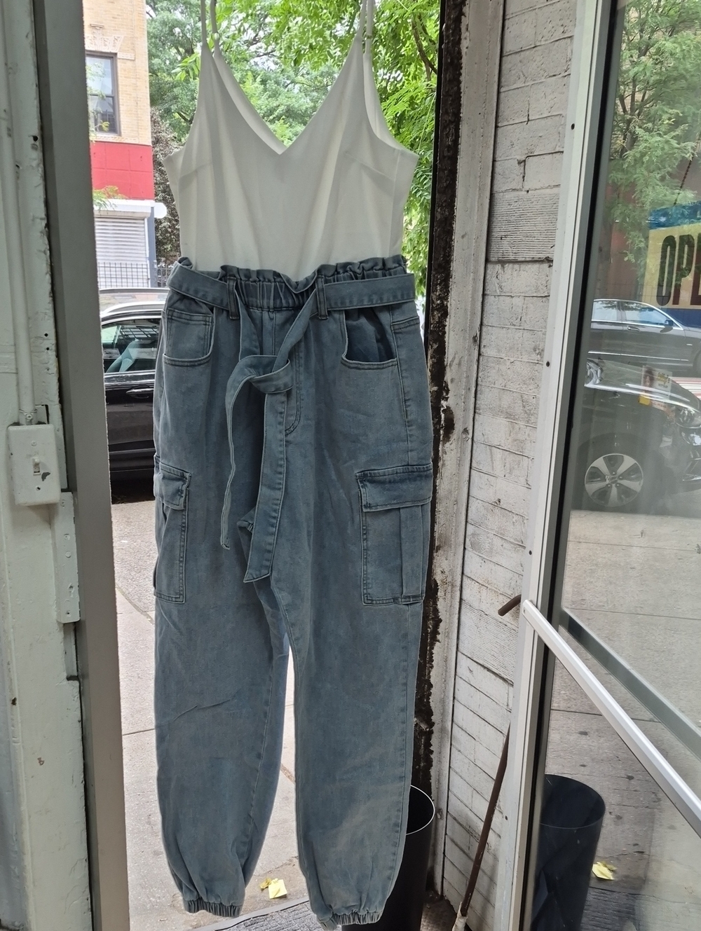 Fashion Nova White V-Neck Jumpsuit with Light Blue Tie-Waist Cargo Joggers